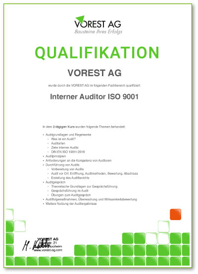 Qualifikationsbescheinigung einer ISO 9001 Qualitätsmanagement Ausbildung bei der VOREST AG auf Deutsch