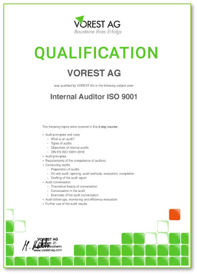 Qualifikationsbescheinigung einer ISO 9001 Qualitätsmanagement Ausbildung bei der VOREST AG auf Englisch