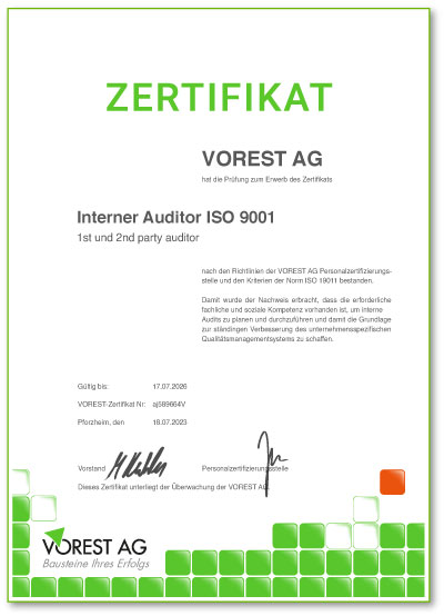 Zertifikat einer ISO 9001 Qualitätsmanagement Ausbildung mit abschließender Prüfung bei der VOREST AG auf Deutsch