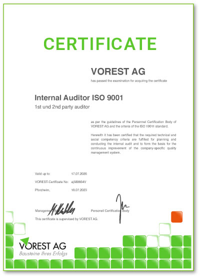 Zertifikat einer ISO 9001 Qualitätsmanagement Ausbildung mit abschließender Prüfung bei der VOREST AG auf Englisch