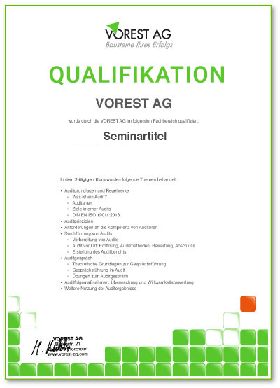 Deutsche Bescheinigung zur Ausbildung zum Auditor ISO 9001