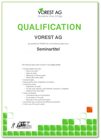 Englische Qualifibescheinigung zur Basiswissen EN 9100 Schulung
